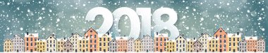 Kış kentsel peyzaj. Kar ile şehir. Noel ve yeni yıl. Cityscape. Buildings.2018.Vector illüstrasyon.