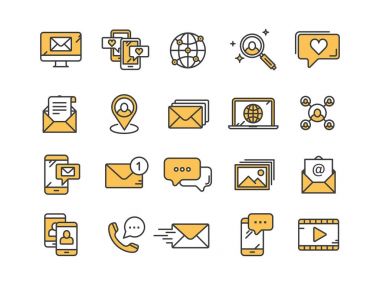İletişim. Sosyal medya. Online sohbet. Telefon görüşmesi, app haberci. Mobil, smartphone. Computing.Email. ince çizgi sarı web simge seti. Anahat simgeleri koleksiyonu. Vektör çizim.