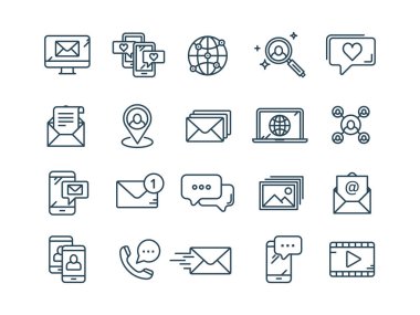 İletişim. Sosyal medya. Online sohbet. Telefon görüşmesi, app haberci. Mobil, smartphone. Computing.Email. ince çizgi web simge seti. Anahat simgeleri koleksiyonu. Vektör çizim.