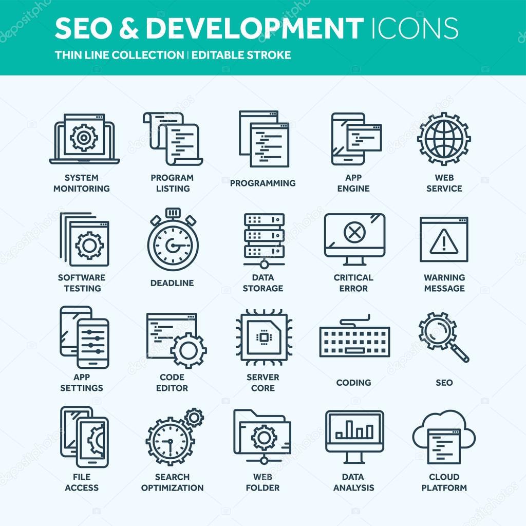 Seo and app development. Search engine optimization. Internet, e-commerce.Thin line web icon set. Outline icons collection. Vector illustration.