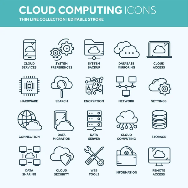 Nuvem omputada. Tecnologia da Internet. Serviços online. Dados, segurança da informação. Ligação. Conjunto de ícones de linha fina. Desenho ícones collection.Vector ilustração . —  Vetores de Stock