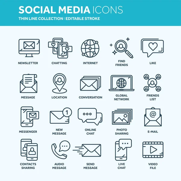 Communication. Social media. Online chatting. Phone call, app messenger. Mobile,smartphone. Computing.Email. Thin line web icon set. Outline icons collection. Vector illustration. — Stock Vector