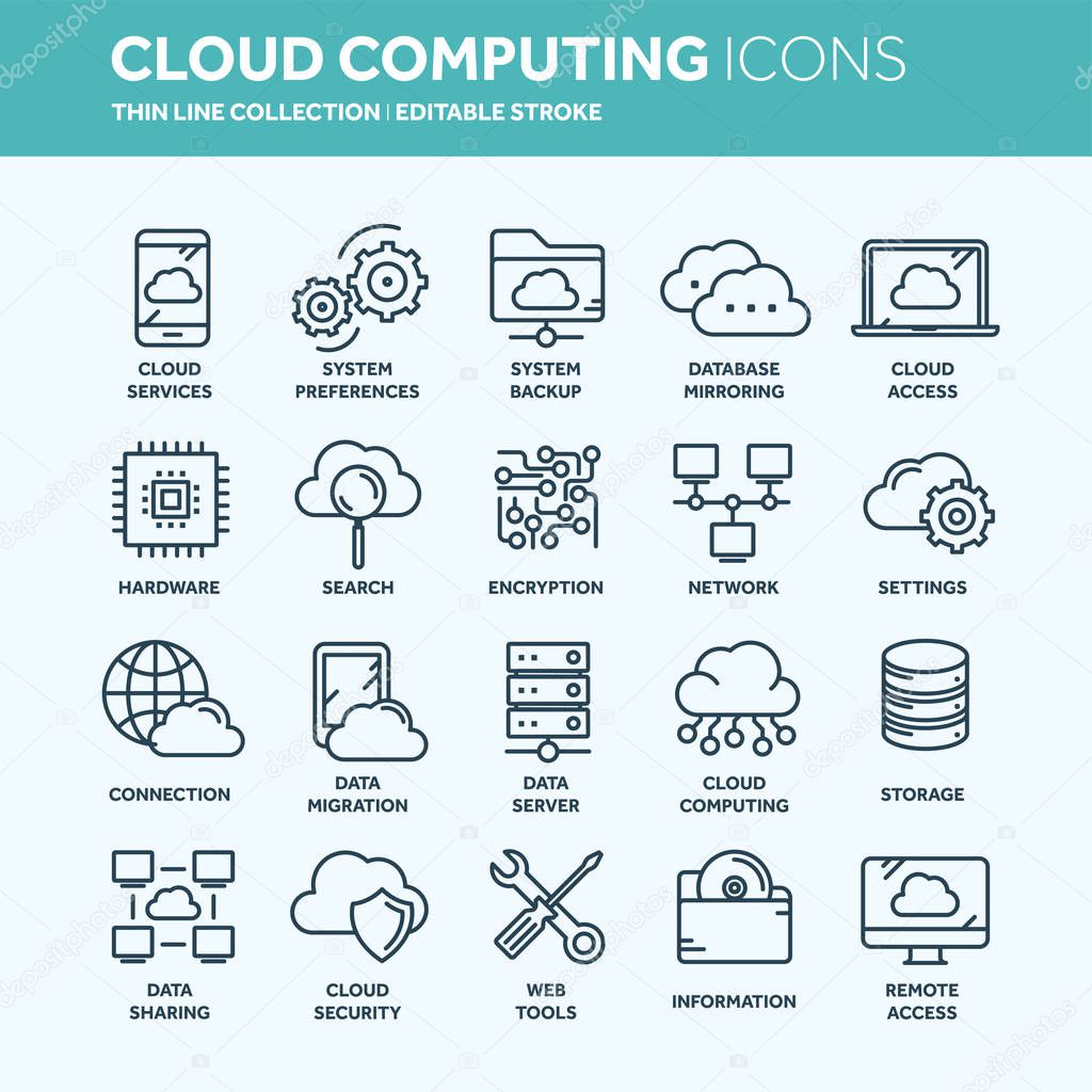 Cloud omputing. Internet technology. Online services. Data, information security. Connection. Thin line web icon set. Outline icons collection.Vector illustration.