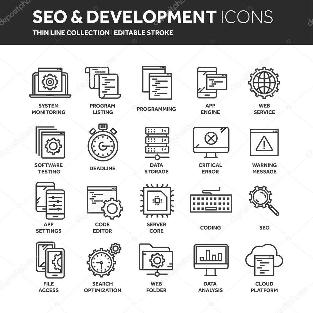 Seo and app development. Search engine optimization. Internet, e-commerce.Thin line web icon set. Outline icons collection. Vector illustration.