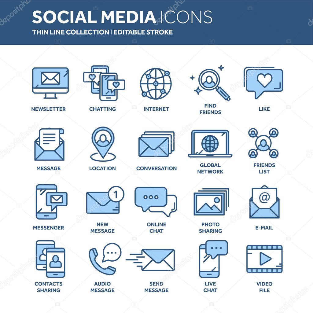 Communication. Social media. Online chatting. Phone call, app messenger. Mobile,smartphone. Computing.Email. Thin line blue web icon set. Outline icons collection. Vector illustration.
