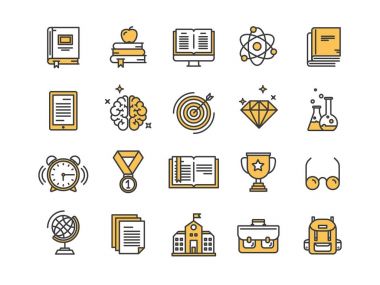 Okul eğitim, üniversite. Çalışma, öğrenme sürecinde. Oline dersleri, öğretici. Öğrenci bilgi. Tarih kitabı. İnce çizgi web simge seti. Anahat simgeleri koleksiyonu. Vektör çizim.