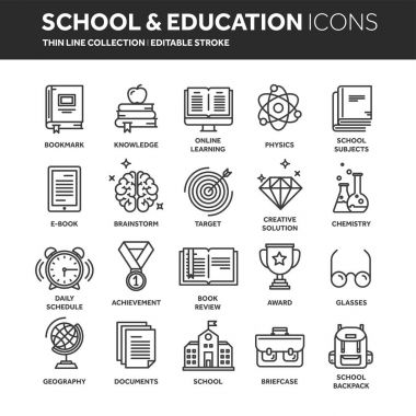 School education, university. Study, learning process. Oline lessons, tutorial. Student knowledge. History book.Thin line web icon set. Outline icons collection.Vector illustration. clipart