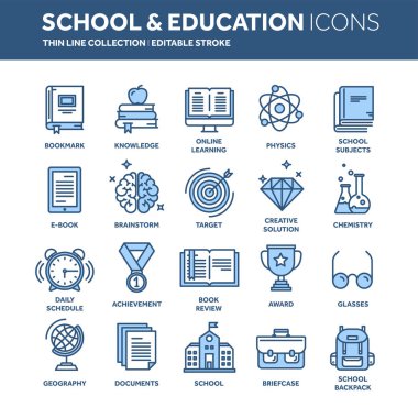 Okul eğitim, üniversite. Çalışma, öğrenme sürecinde. Oline dersleri, öğretici. Öğrenci bilgi. Tarih kitabı. İnce çizgi web simge seti. Anahat simgeleri koleksiyonu. Vektör çizim.