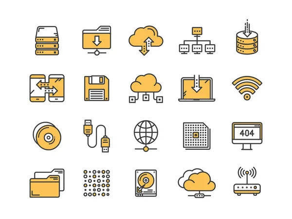 Omputing chmury. Technologii internetowych. Usługi online. Przetwarzania danych, bezpieczeństwo informacji. Połączenia. Zestaw ikon web cienka linia. Kolekcja ikony konspekt. Ilustracja wektorowa. — Wektor stockowy