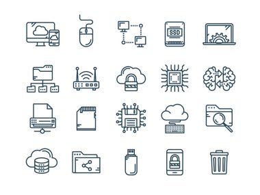Bulut omputing. Internet teknolojisi. Çevrimiçi hizmetler. Veri, bilgi güvenliği. Bağlantı. İnce çizgi web simge seti. Anahat simgeleri koleksiyonu. Vektör çizim.
