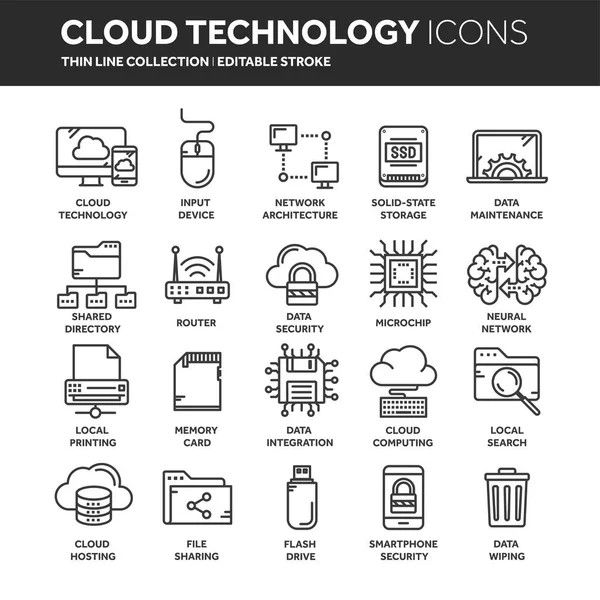 Nube omputando. Tecnología de Internet. Servicios en línea. Datos, seguridad de la información. Conexión. Conjunto de iconos web negros de línea delgada. Esquema de iconos collection.Vector ilustración . — Archivo Imágenes Vectoriales