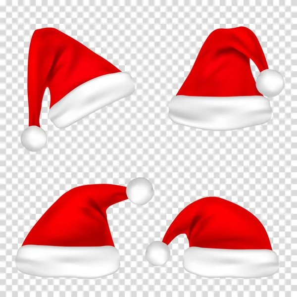 Χριστουγεννιάτικο σετ καπέλα Santa Claus. Νέο έτος κόκκινο καπέλο απομονώνονται σε διαφανές φόντο. Εικονογράφηση διάνυσμα. — Διανυσματικό Αρχείο