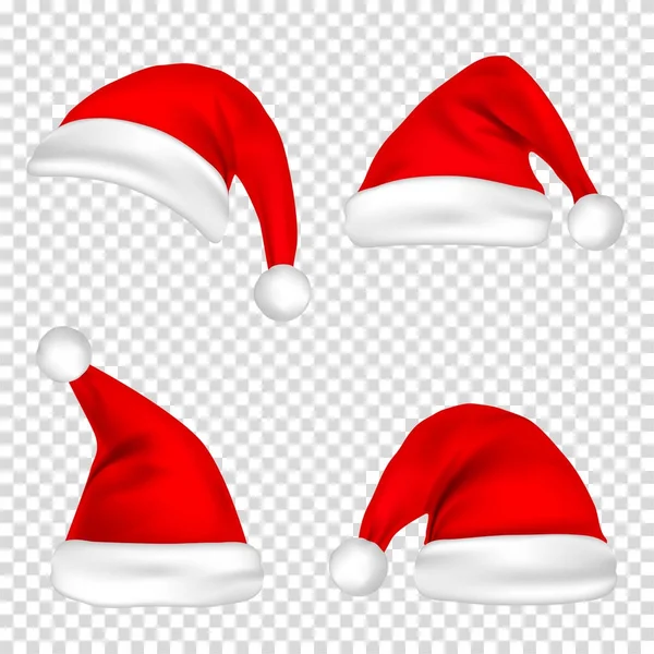 Christmas Santa Claus Hats Set. New Year Red Hat Isolated on Transparent Background. Vector illustration. — Stock Vector