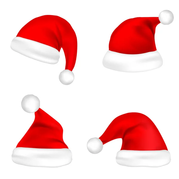 Vánoce Santa Claus klobouky Set. Nový rok Red Hat izolovaných na bílém pozadí. Vektorové ilustrace. — Stockový vektor