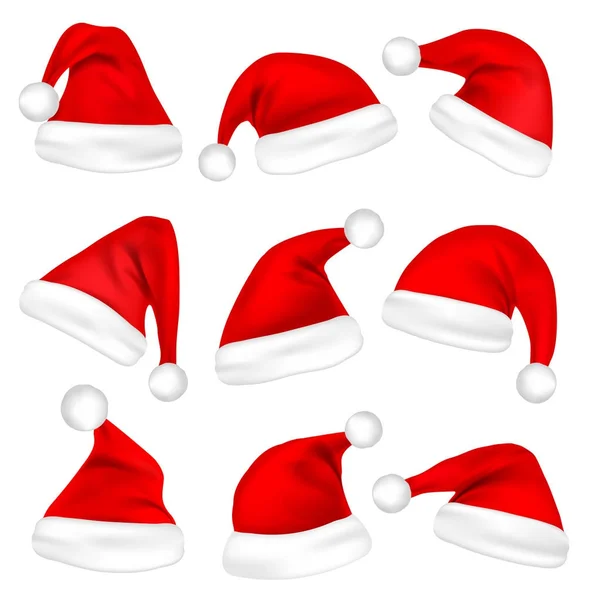 Christmas Santa Claus Hats Set. New Year Red Hat Isolated on White Background. Vector illustration. — Stock Vector