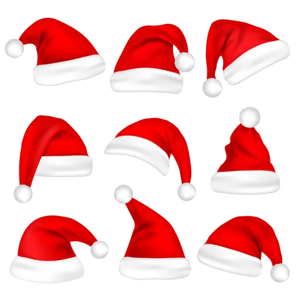 Christmas Santa Claus Hats Set. New Year Red Hat Isolated on White Background. Vector illustration. — Stock Vector