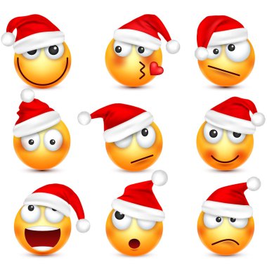 Smiley, ifade kümesi. Sarı yüz duygu ve Noel şapka ile. Yeni yıl, Santa.Winter emoji. Üzgün, mutlu, kızgın yüzler. Komik çizgi film karakteri. Ruh hali. Vektör.