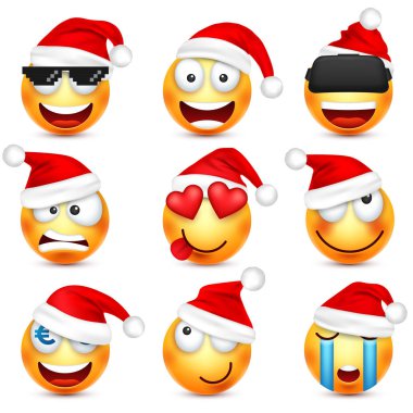 Smiley, ifade kümesi. Sarı yüz duygu ve Noel şapka ile. Yeni yıl, Santa.Winter emoji. Üzgün, mutlu, kızgın yüzler. Komik çizgi film karakteri. Ruh hali. Vektör.