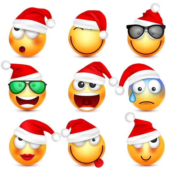Sonriente, emoticono. Cara amarilla con emociones y sombrero de Navidad. Año Nuevo, Santa. Emoji de invierno. Caras tristes, felices, enojadas.Personaje divertido de la historieta. Vector . — Vector de stock