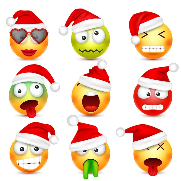 Smiley, Emoticon-Set. gelbes Gesicht mit Emotionen und Weihnachtsmütze. Neujahr, santa.winter emoji. traurig, glücklich, wütend faces.funny cartoon charakter.mood. Vektor. — Stockvektor