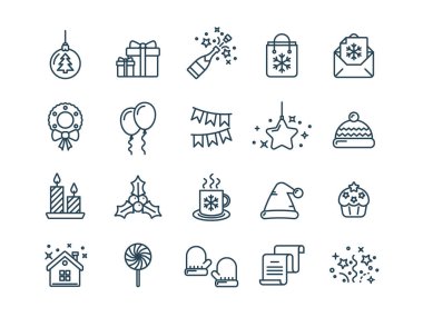 Noel ve yeni yıl. Kış tatili. Noel Baba. Aralık. İnce çizgi web simge seti. Anahat simgeleri koleksiyonu. Vektör çizim.