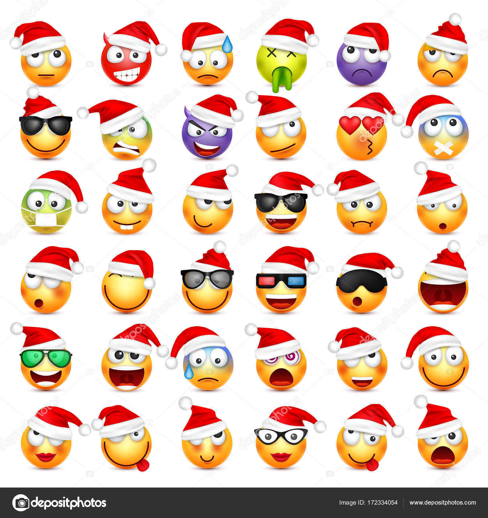 Yellow face with emotions and Christmas hat New Year Santa Winter emoji Sad happy angry faces Funny cartoon character Mood Vector