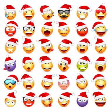Smiley, ifade kümesi. Sarı yüz duygu ve Noel şapka ile. Yeni yıl, Santa.Winter emoji. Üzgün, mutlu, kızgın yüzler. Komik çizgi film karakteri. Ruh hali. Vektör.