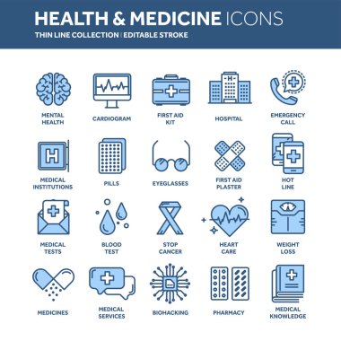 Sağlık, tıp. İlk yardım. Tıbbi kan testleri ve tanı. Kalp kardiyogram. Uyuşturucu ve hap. İnce çizgi web simge seti. Anahat simgeleri koleksiyonu. Vektör çizim.