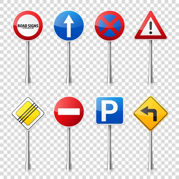 Vägskyltar samling isolerade på transparent bakgrund. Road traffic control. Lane-användning. Stoppa och avkastning. Reglerande tecken. — Stock vektor