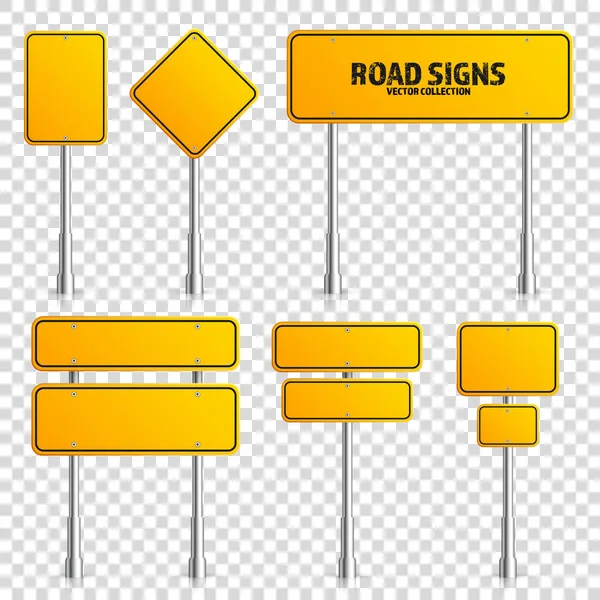 Road yellow traffic sign. Blank board with place for text.Mockup. Isolated on transparent background information sign. Direction. Vector illustration. — Stock Vector