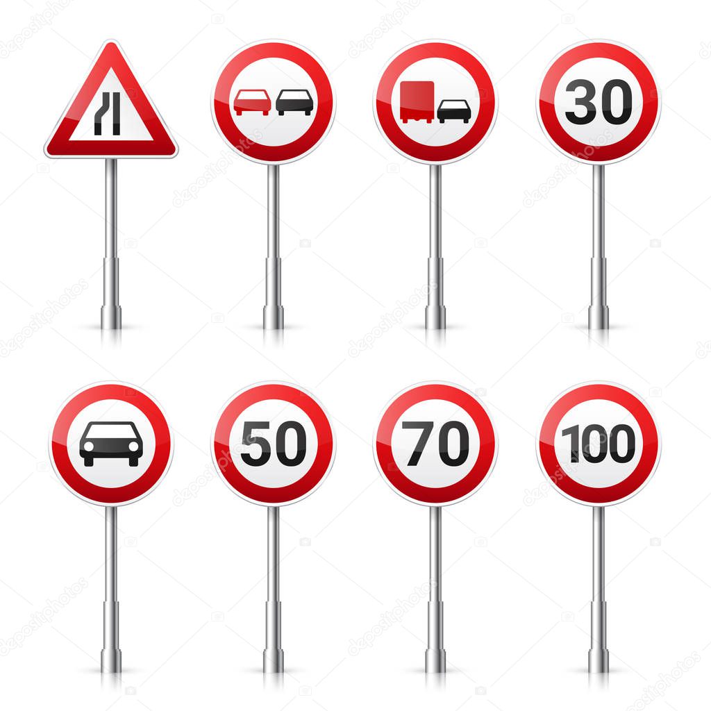 Road signs collection isolated on white background. Road traffic control.Lane usage.Stop and yield. Regulatory signs.Speed limit.