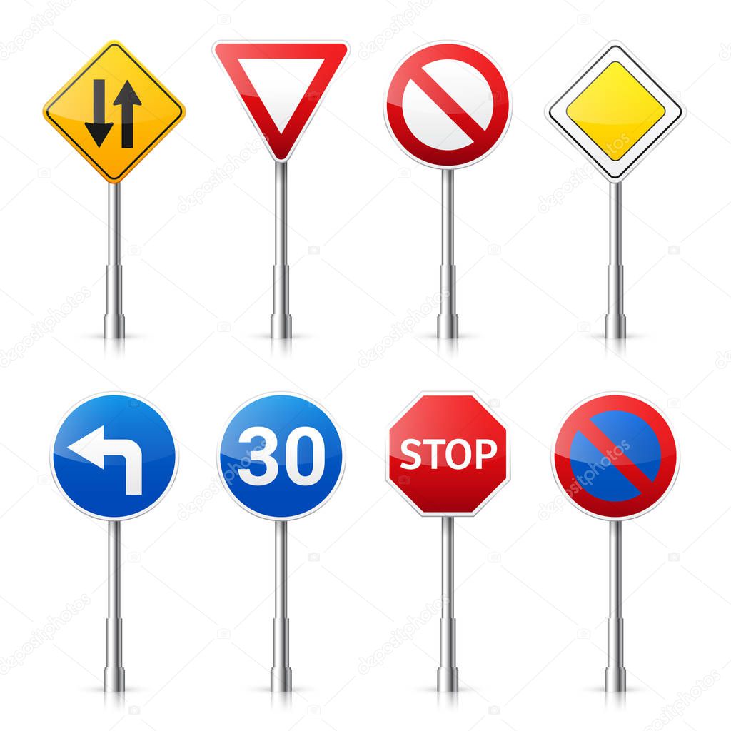 Road signs collection isolated on white background. Road traffic control.Lane usage.Stop and yield. Regulatory signs.