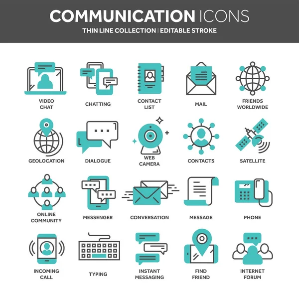 Communication. Social media. Online chatting. Phone call, app messenger. Mobile,smartphone. Computing.Email. Thin line blue web icon set. Outline icons collection. Vector illustration. — Stock Vector