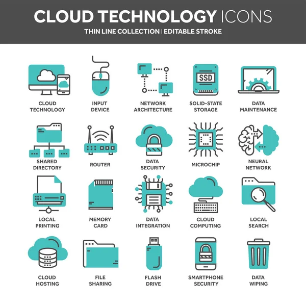 Nube omputando. Tecnología de Internet. Servicios en línea. Datos, seguridad de la información. Conexión. Conjunto de iconos web de línea delgada azul. Esquema de iconos collection.Vector ilustración . — Archivo Imágenes Vectoriales