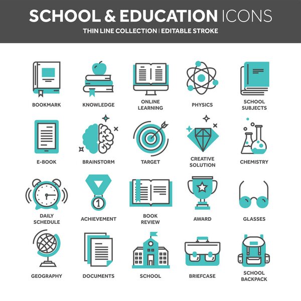 School education, university. Study, learning process. Oline lessons, tutorial. Student knowledge. History book.Thin line web icon set. Outline icons collection.Vector illustration.