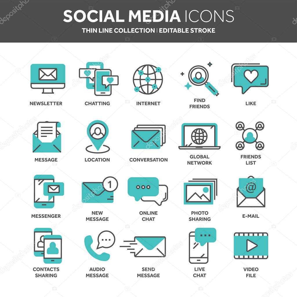 Communication. Social media. Online chatting. Phone call, app messenger. Mobile,smartphone. Computing.Email. Thin line blue web icon set. Outline icons collection. Vector illustration.
