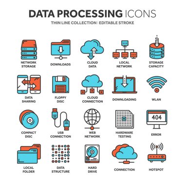 Bulut omputing. Internet teknolojisi. Çevrimiçi hizmetler. Veri işleme, bilgi güvenliği. Bağlantı. İnce çizgi web simge seti. Anahat simgeleri koleksiyonu. Vektör çizim.