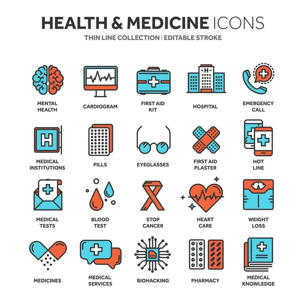 Health care, medicine. First aid. Medical blood tests and diagnostic. Heart cardiogram. Pills and drugs.Thin line web icon set. Outline icons collection.Vector illustration. — Stock Vector