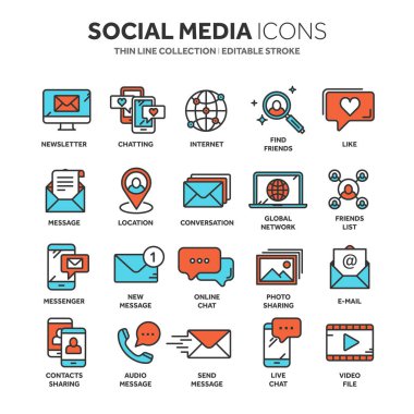 İletişim. Sosyal medya. Online sohbet. Telefon görüşmesi, app haberci. Mobil, smartphone. Computing.Email. ince çizgi mavi web simge seti. Anahat simgeleri koleksiyonu. Vektör çizim.