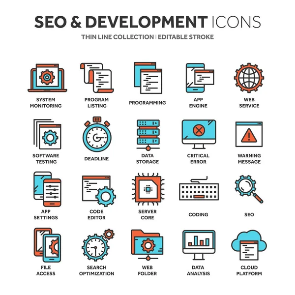 Seo e desenvolvimento de aplicativos. Search engine optimization. Internet, comércio eletrônico. linha fina azul conjunto de ícones web. Desenho coleção de ícones. Ilustração vetorial . —  Vetores de Stock