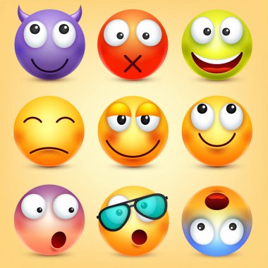Smiley, ifadeleri ayarlayın. Sarı yüz duygularla. Yüz ifadesi. 3D gerçekçi emoji. Komik çizgi film karakteri. Ruh hali. Web simgesi. Vektör çizim.