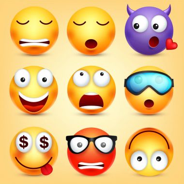 Smiley, ifadeleri ayarlayın. Sarı yüz duygularla. Yüz ifadesi. 3D gerçekçi emoji. Komik çizgi film karakteri. Ruh hali. Web simgesi. Vektör çizim.