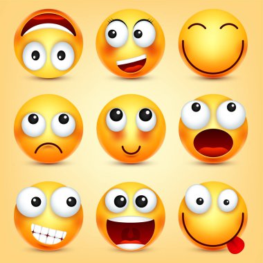 Smiley, ifadeleri ayarlayın. Sarı yüz duygularla. Yüz ifadesi. 3D gerçekçi emoji. Komik çizgi film karakteri. Ruh hali. Web simgesi. Vektör çizim.