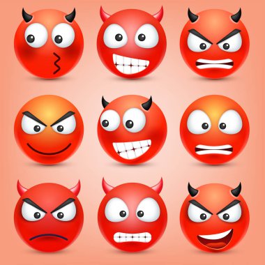 Smiley, ifadeleri ayarlayın. Sarı yüz duygularla. Yüz ifadesi. 3D gerçekçi emoji. Komik çizgi film karakteri. Ruh hali. Web simgesi. Vektör çizim.