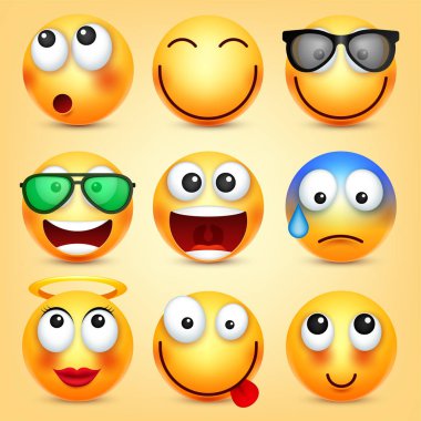 Smiley, ifadeleri ayarlayın. Sarı yüz duygularla. Yüz ifadesi. 3D gerçekçi emoji. Komik çizgi film karakteri. Ruh hali. Web simgesi. Vektör çizim.