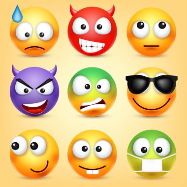 Smiley, ifadeleri ayarlayın. Sarı yüz duygularla. Yüz ifadesi. 3D gerçekçi emoji. Komik çizgi film karakteri. Ruh hali. Web simgesi. Vektör çizim.