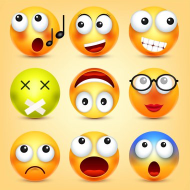 Smiley, ifadeleri ayarlayın. Sarı yüz duygularla. Yüz ifadesi. 3D gerçekçi emoji. Komik çizgi film karakteri. Ruh hali. Web simgesi. Vektör çizim.