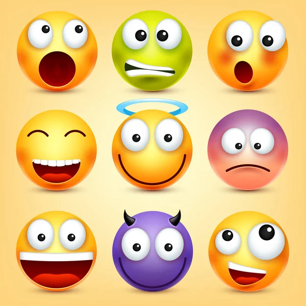 Smiley, ifadeleri ayarlayın. Sarı yüz duygularla. Yüz ifadesi. 3D gerçekçi emoji. Komik çizgi film karakteri. Ruh hali. Web simgesi. Vektör çizim.