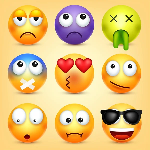 Smiley,emoticons set. Yellow face with emotions. Facial expression. 3d realistic emoji. Funny cartoon character.Mood. Web icon. Vector illustration. — Stock Vector