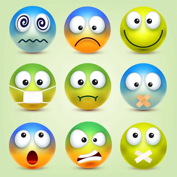 Smiley, uttryckssymboler ange. Gula ansikte med känslor. Ansiktsuttryck. 3D realistiska emoji. Rolig tecknad karaktär. Humör. Web-ikonen. Vektorillustration. — Stock vektor